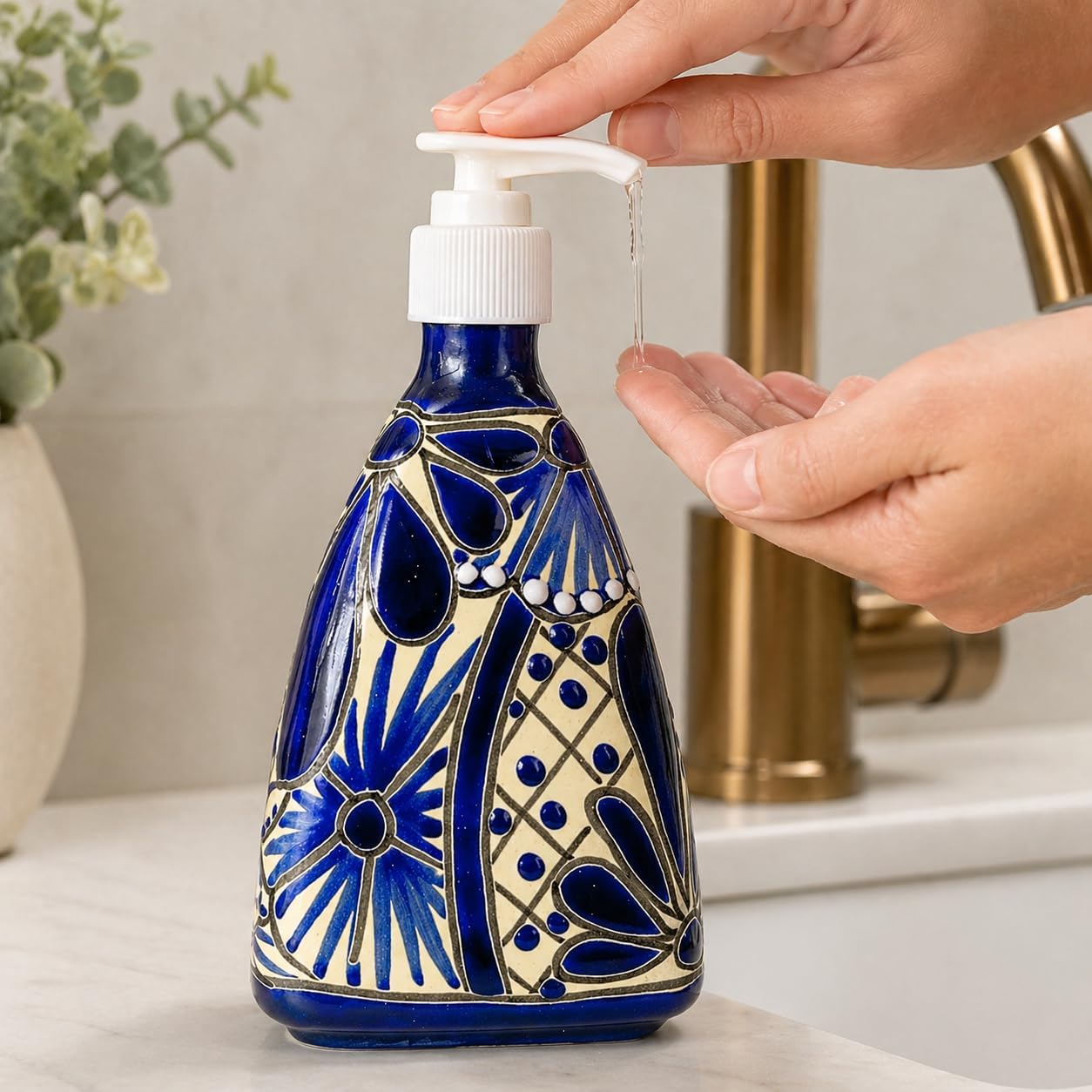 Ceramic Soap and Lotion Dispenser, Blue and White — angled view