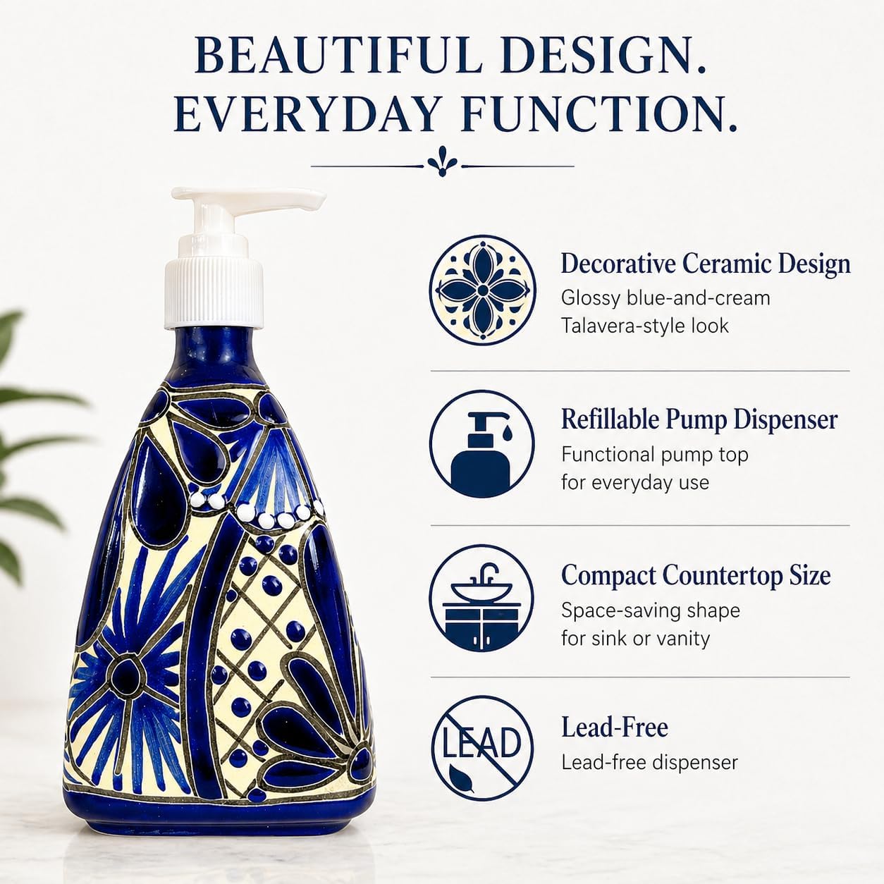 Ceramic Soap and Lotion Dispenser, Blue and White — close-up