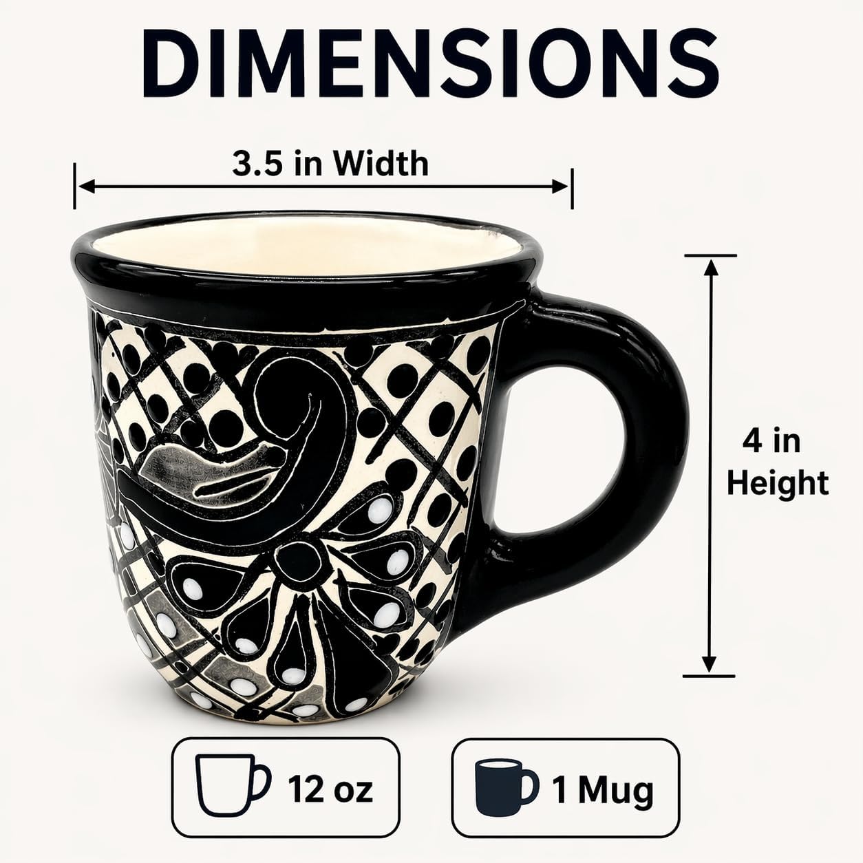 Black & White Mexican Coffee Mug — detail of the hand-painted pattern