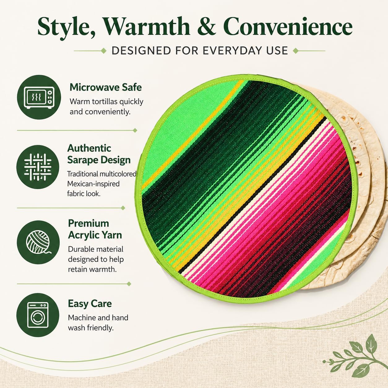Mexican Cloth Tortilla Warmer, green sarape — front view