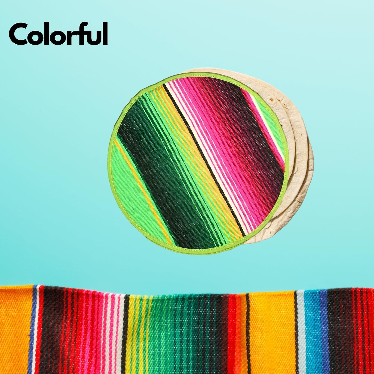 Mexican Cloth Tortilla Warmer, green sarape — in use on the table