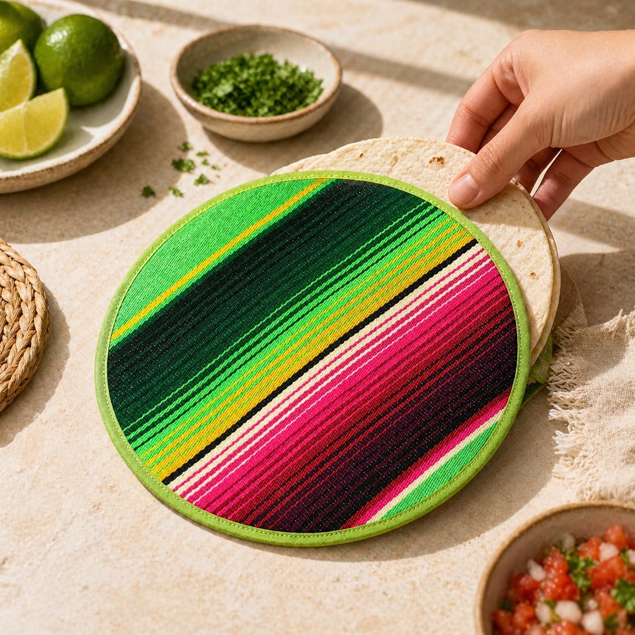 Mexican Cloth Tortilla Warmer, green sarape — scale reference