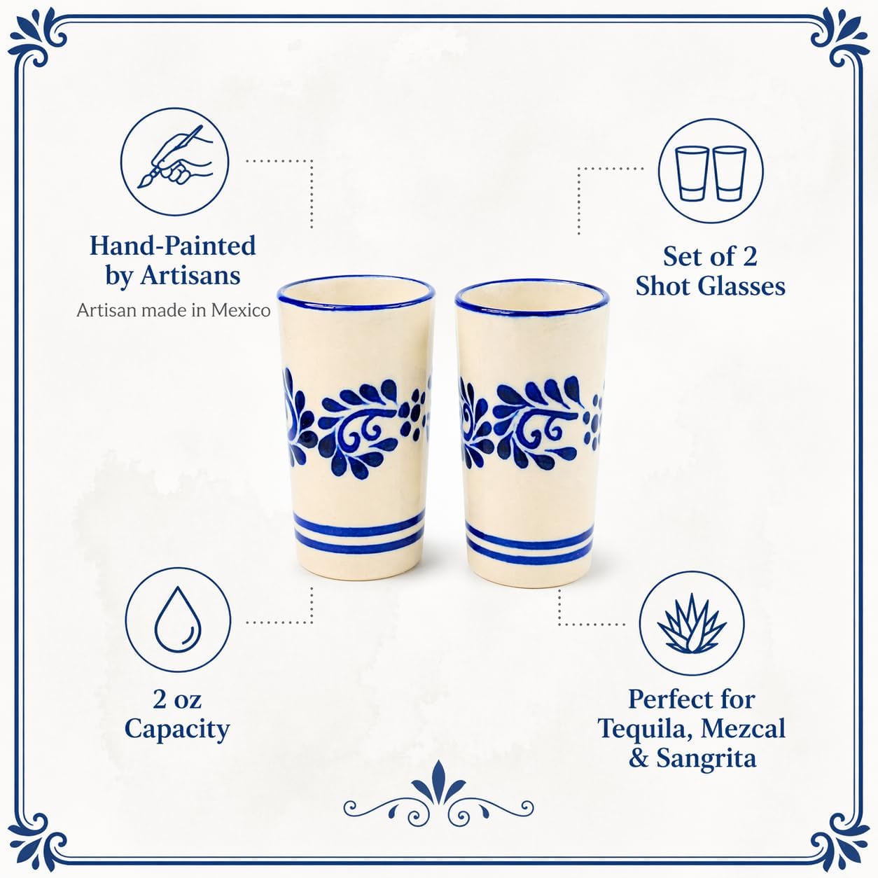 Mexican Shot Glasses, Hand, painted in Mexico — front view