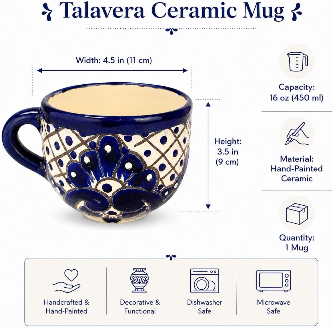Blue & White Mexican Coffee Mug — front view