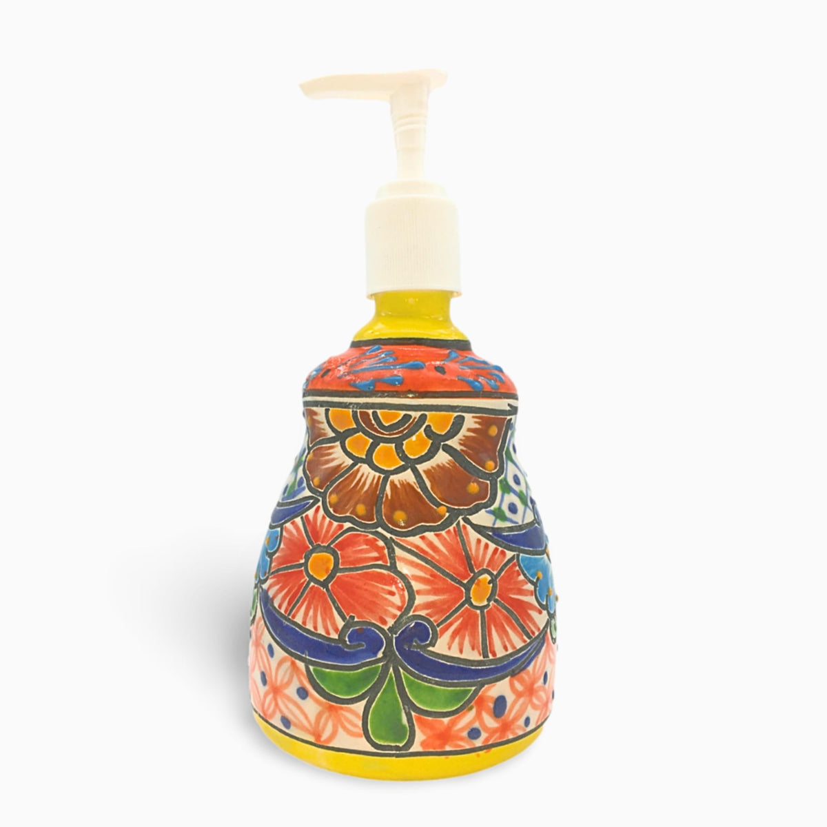 Pastel Talavera-style bell soap dispenser with a white pump, front view