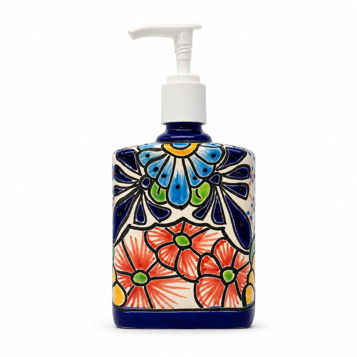 Pastel Talavera-style rectangular soap dispenser, front view