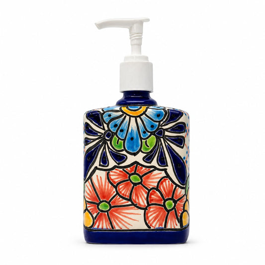 Pastel Talavera-style rectangular soap dispenser, front view