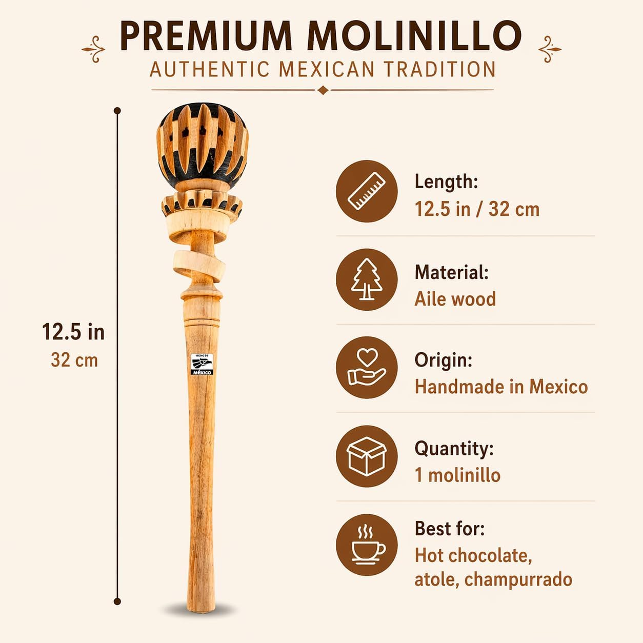 Authentic Mexican Molinillo — angled view
