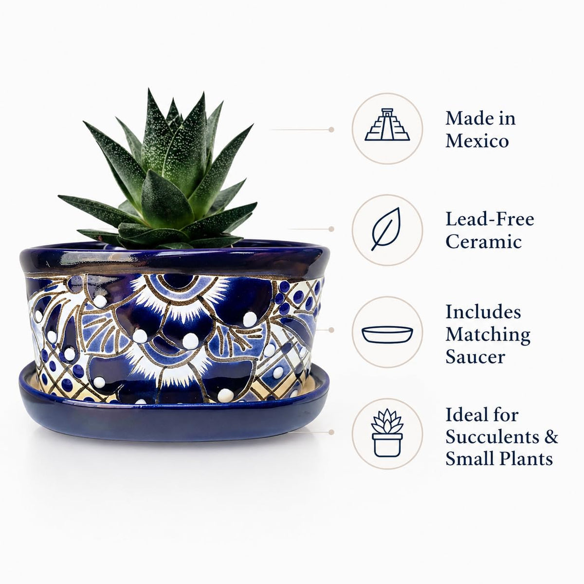 Planter features: made in Mexico, lead-free ceramic, matching saucer included