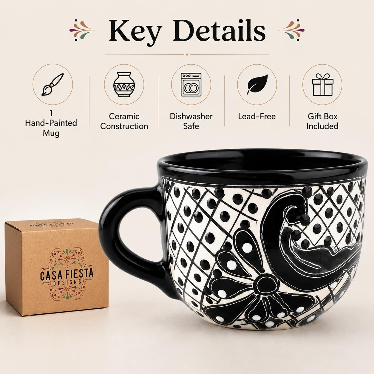 Black Wide Mexican Coffee Mug — side view