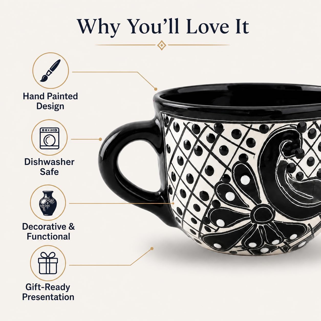 Black Wide Mexican Coffee Mug — detail of the hand-painted pattern