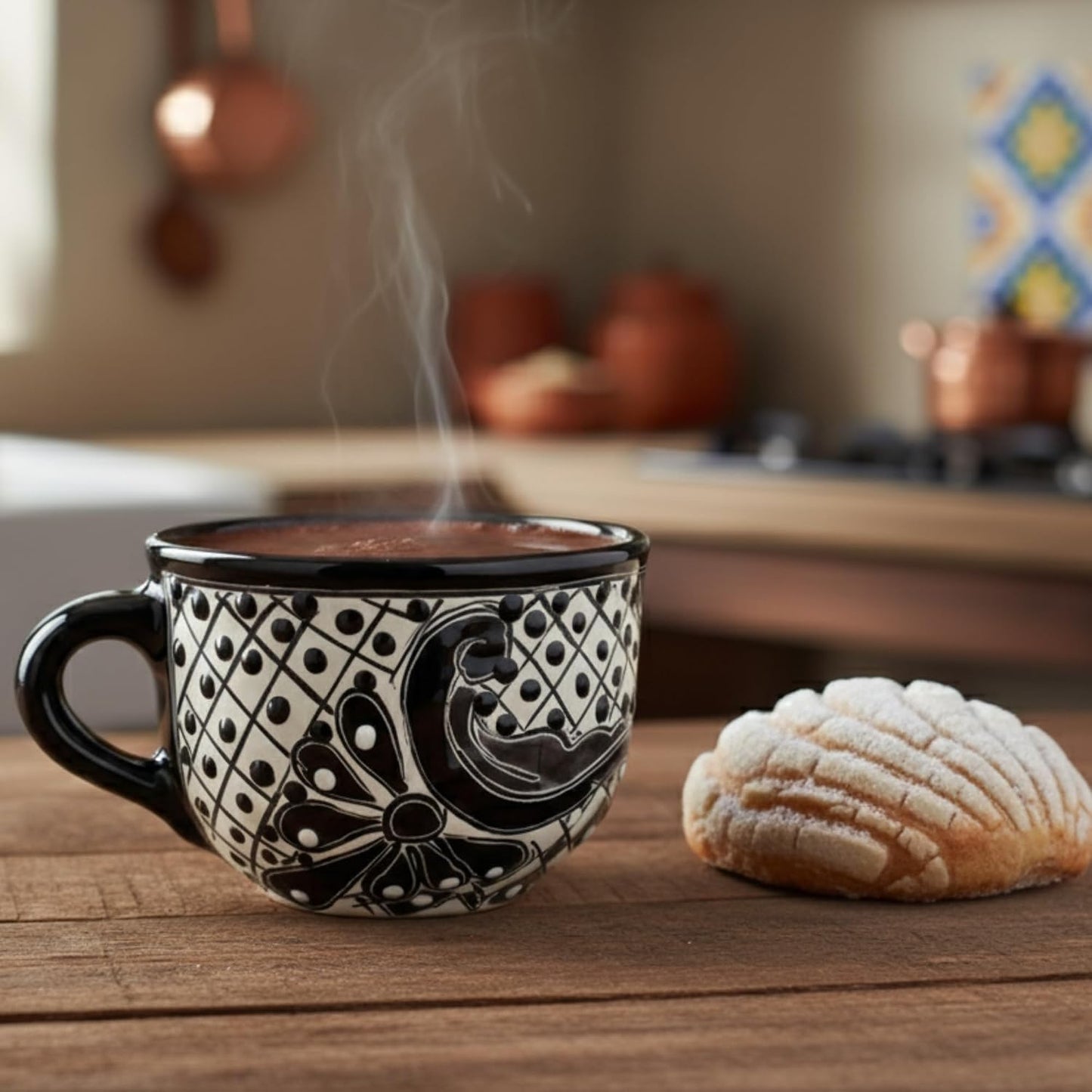 Black Wide Mexican Coffee Mug — angled view