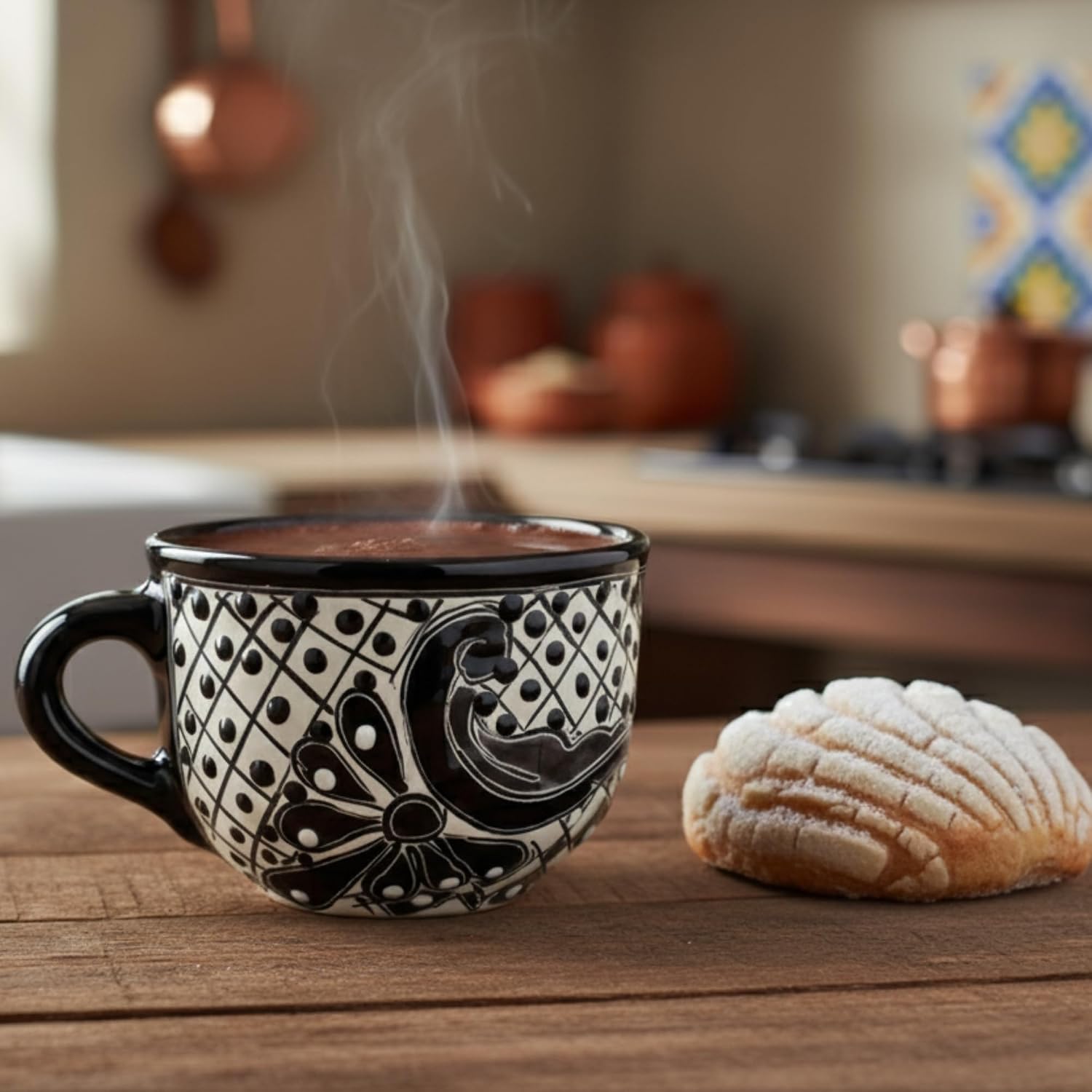Black Wide Mexican Coffee Mug — angled view