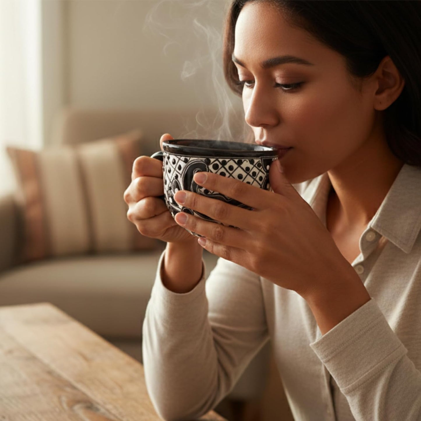 Black Wide Mexican Coffee Mug — close-up