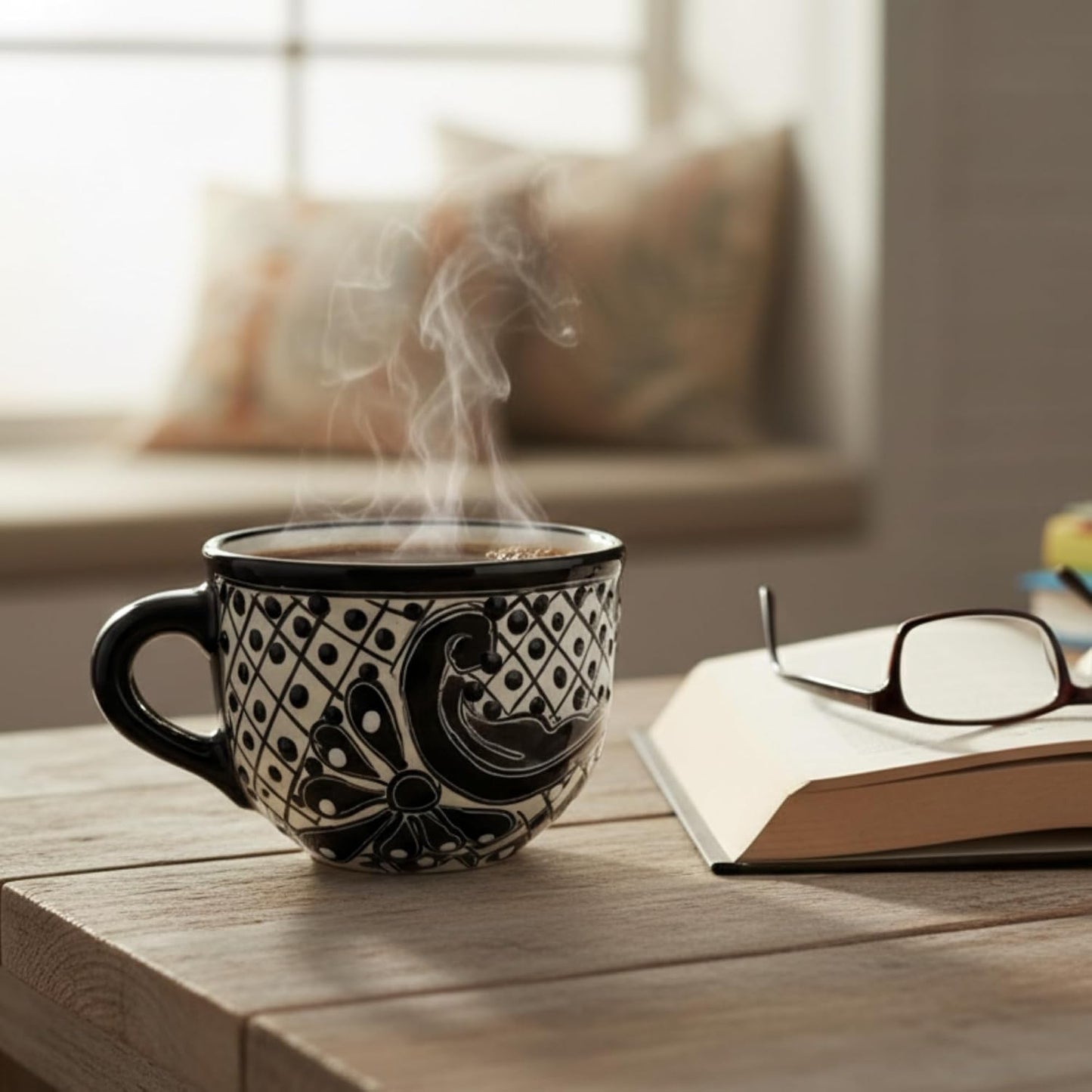 Black Wide Mexican Coffee Mug — shown in use