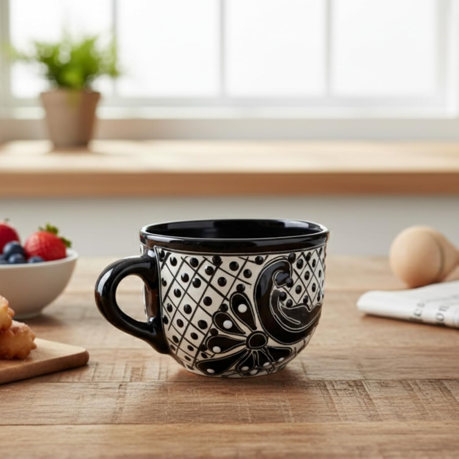 Black Wide Mexican Coffee Mug — scale reference