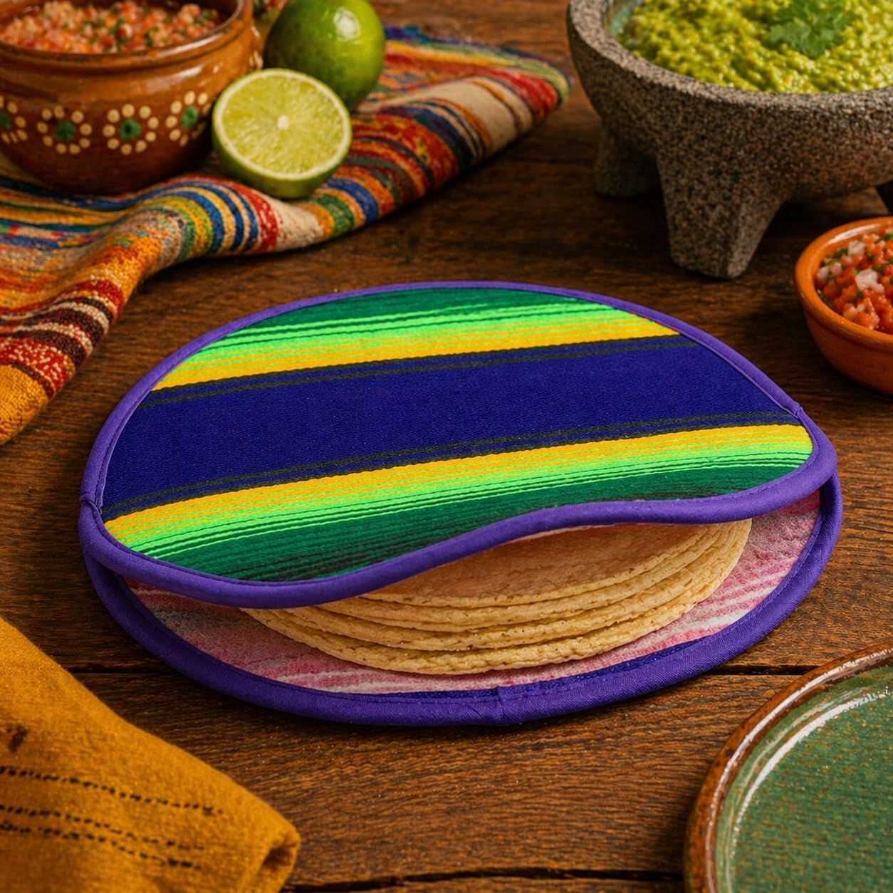 Mexican Cloth Tortilla Warmer, purple sarape — shown with tortillas