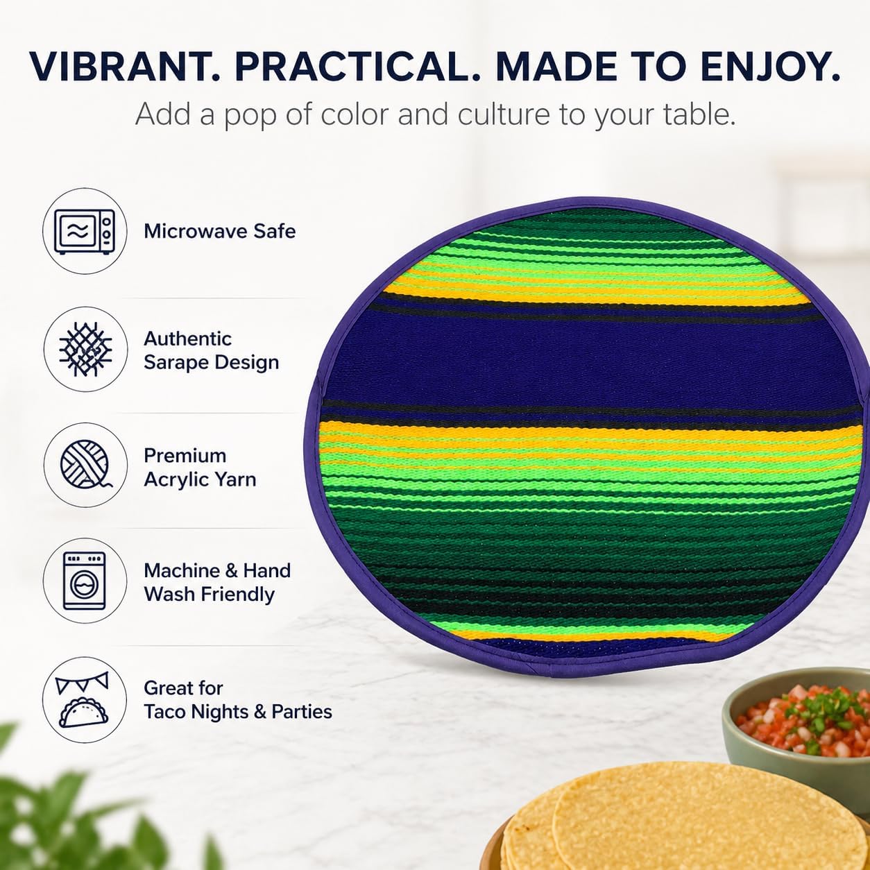 Mexican Cloth Tortilla Warmer, purple sarape — detail of the woven sarape stripes