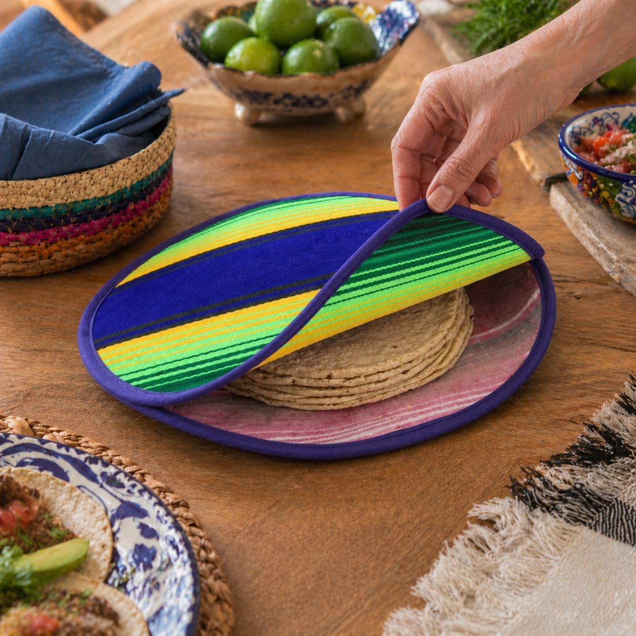 Mexican Cloth Tortilla Warmer, purple sarape — open view