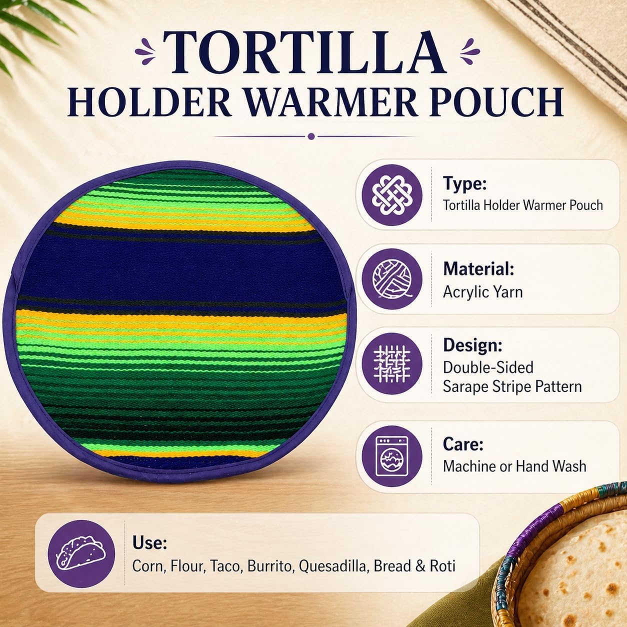 Mexican Cloth Tortilla Warmer, purple sarape — alternate angle