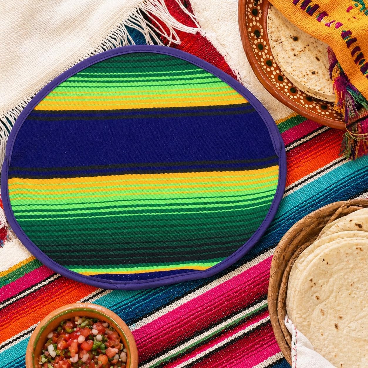Mexican Cloth Tortilla Warmer, purple sarape — close-up