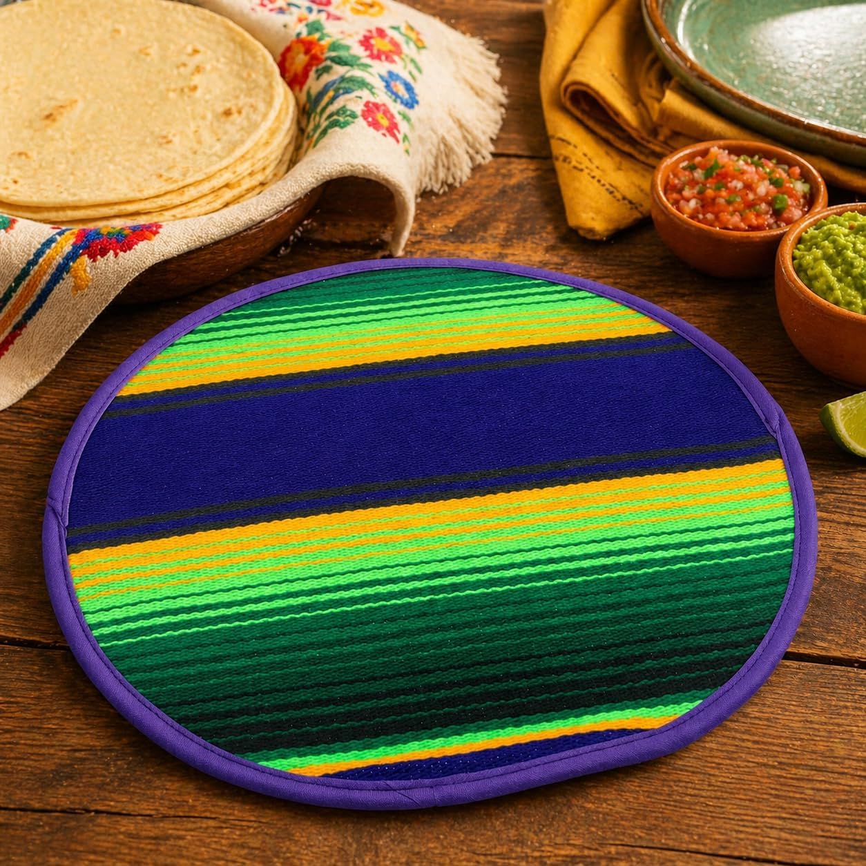 Mexican Cloth Tortilla Warmer, purple sarape — scale reference