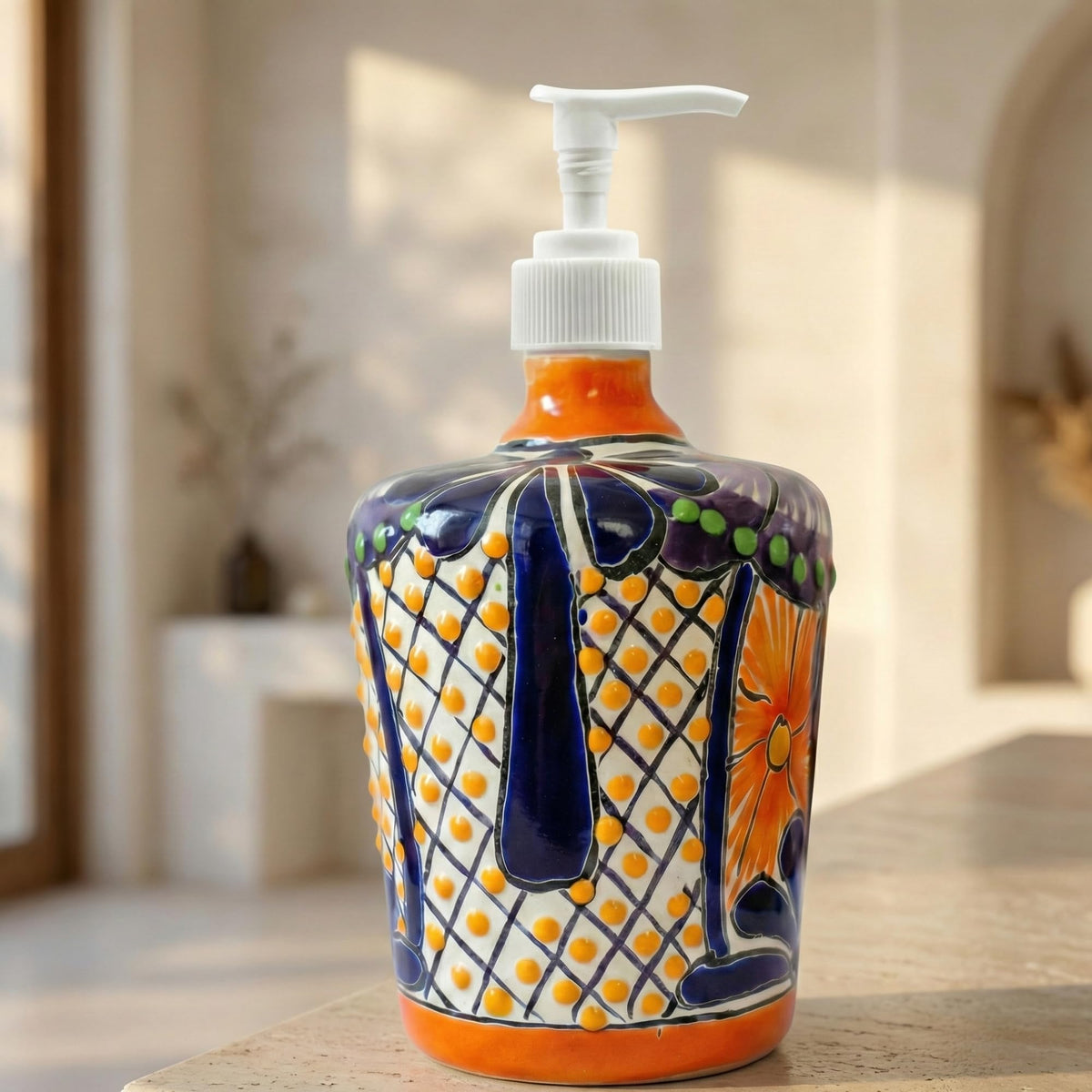 Barrel soap dispenser on a wooden table