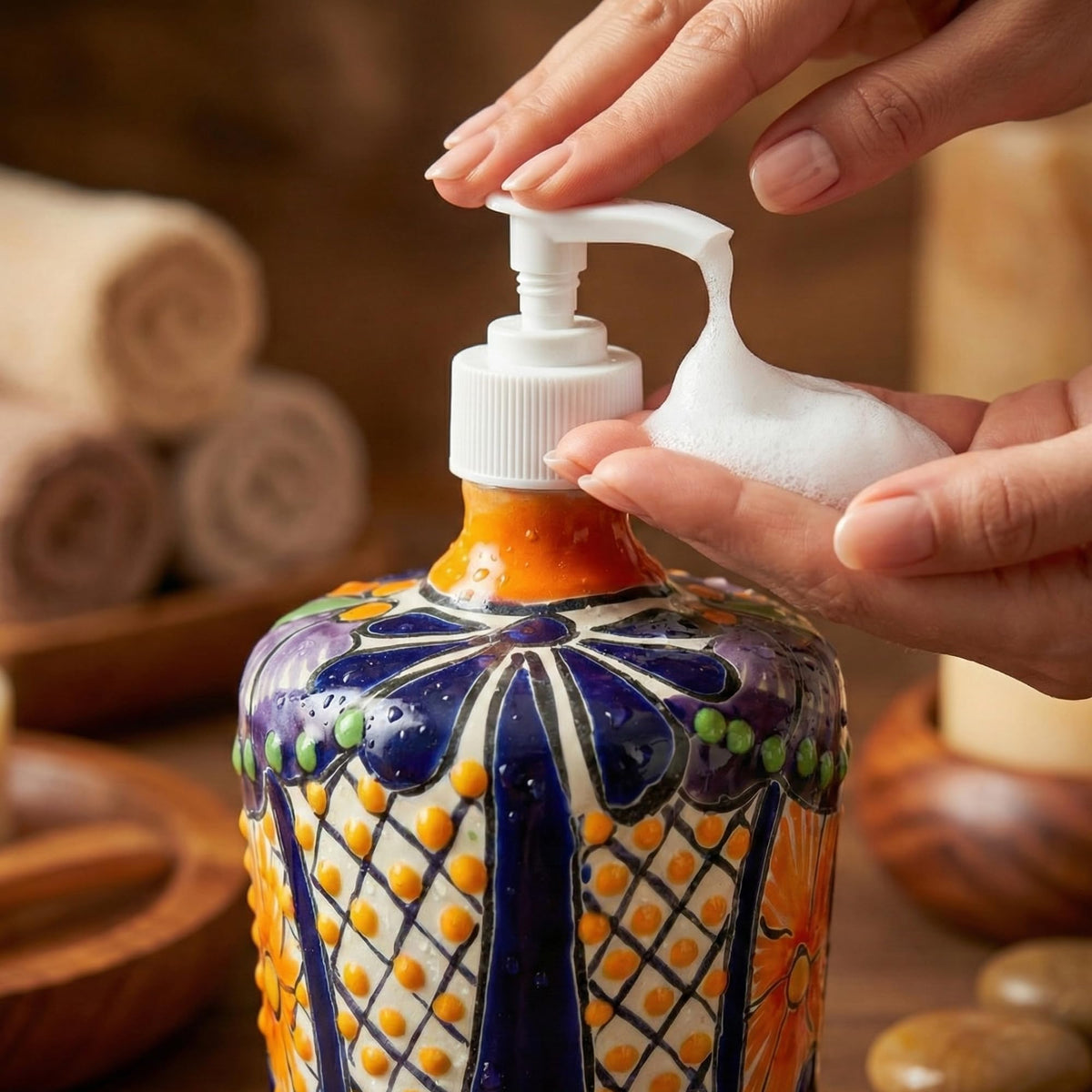 Hands using the multicolor soap dispenser