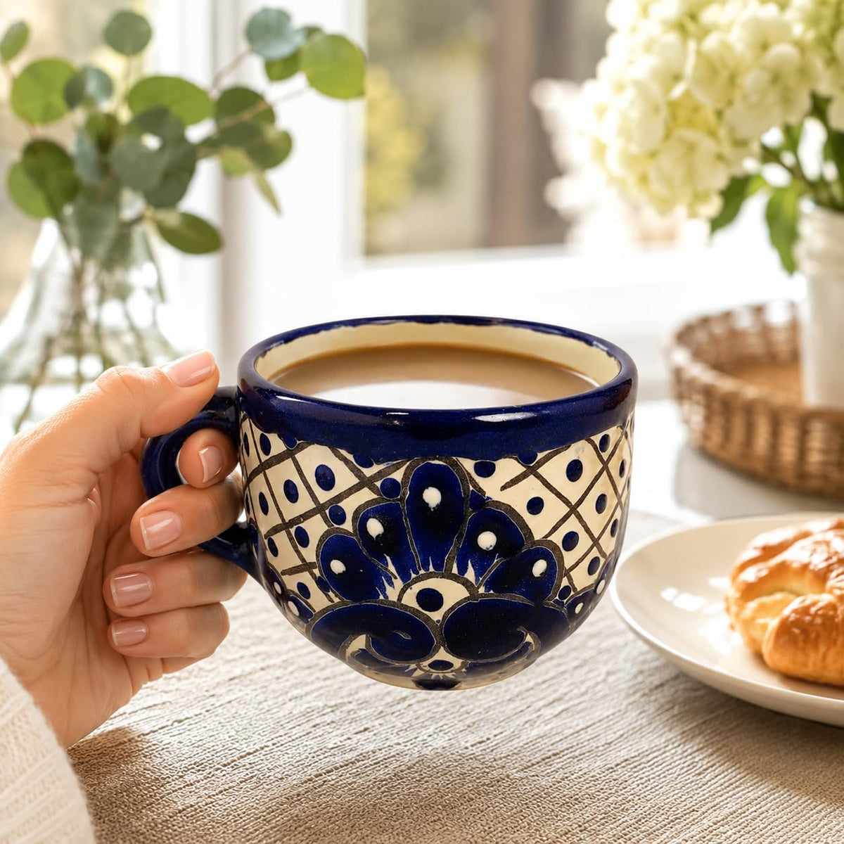 Blue & White Mexican Coffee Mug — detail of the hand-painted pattern