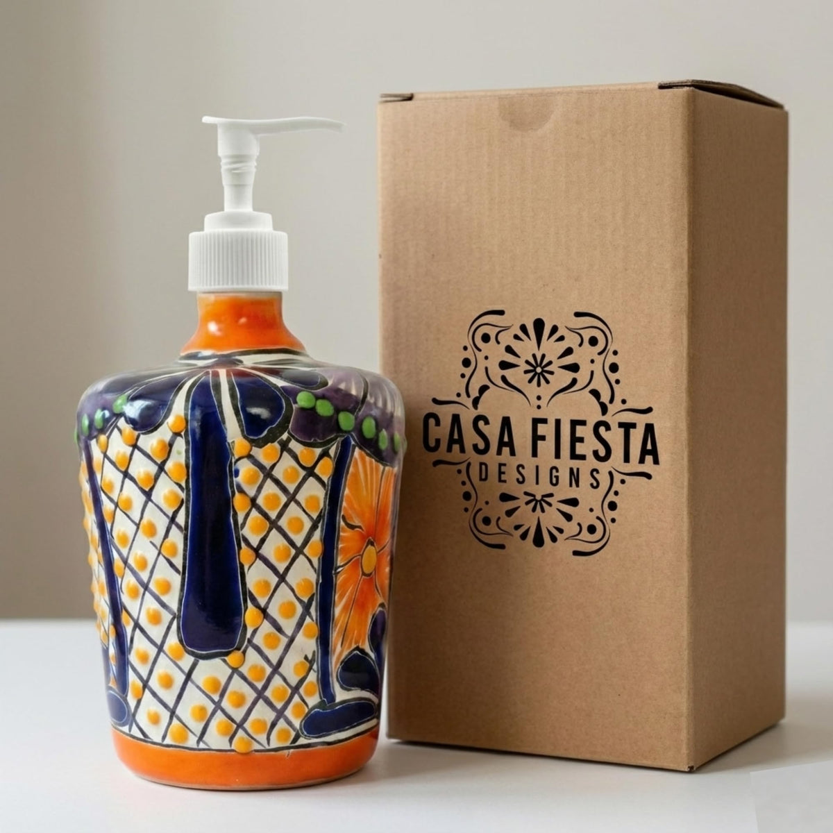 Multicolor soap dispenser next to its Casa Fiesta box