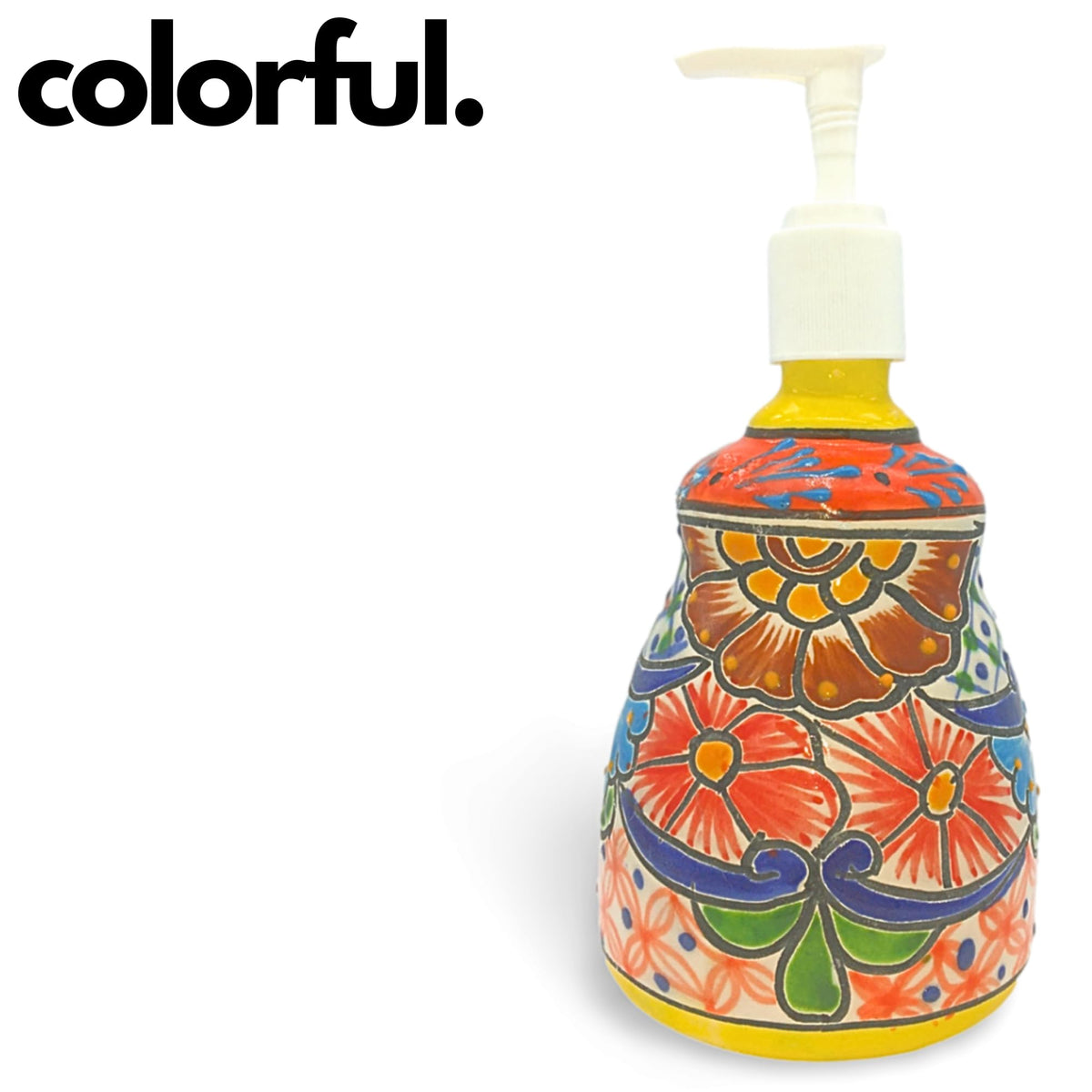 Hand-painted pastel bell soap dispenser, angled view