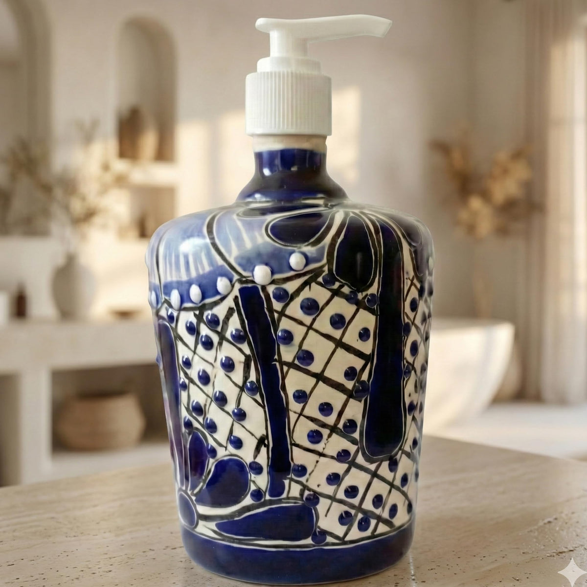 Barrel soap dispenser on a bathroom counter