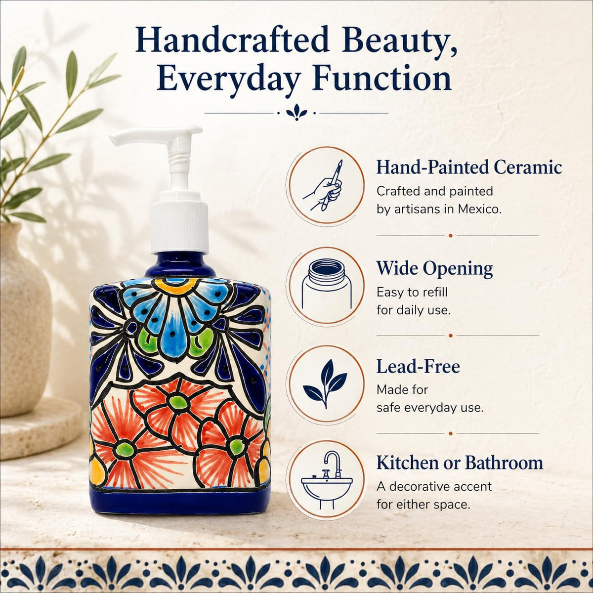 Soap dispenser features: hand-painted ceramic, wide opening, lead-free