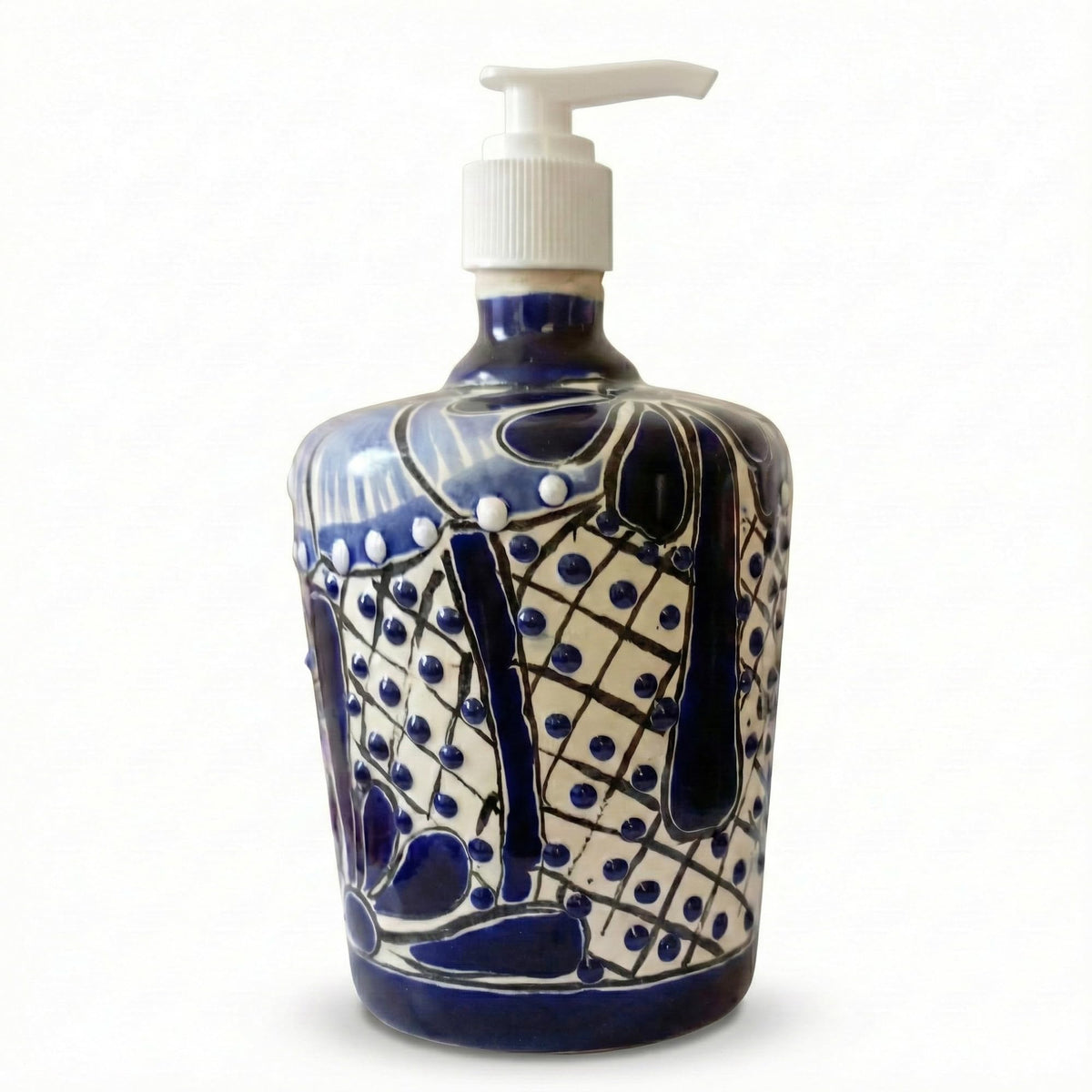 Blue and white Talavera-style barrel soap dispenser, front view
