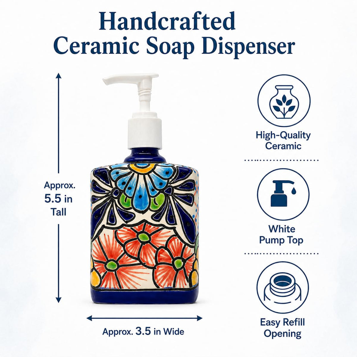 Rectangular soap dispenser size guide: about 5.5 inches tall, 3.5 inches wide