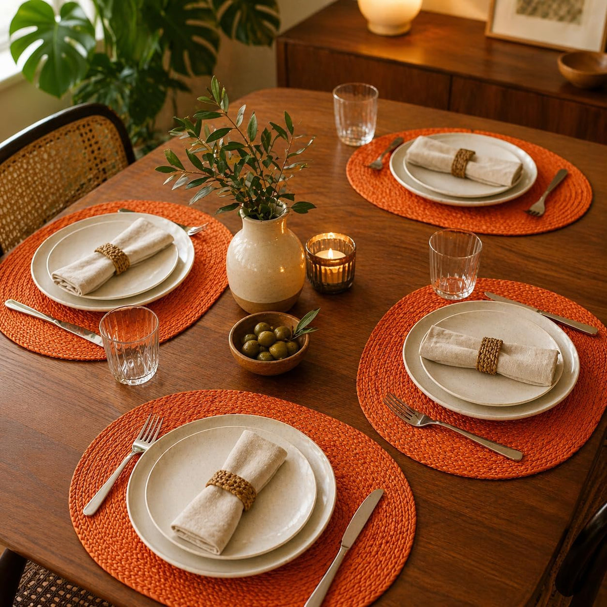 Orange Placemats, Set of 4 — detail of the hand-painted pattern