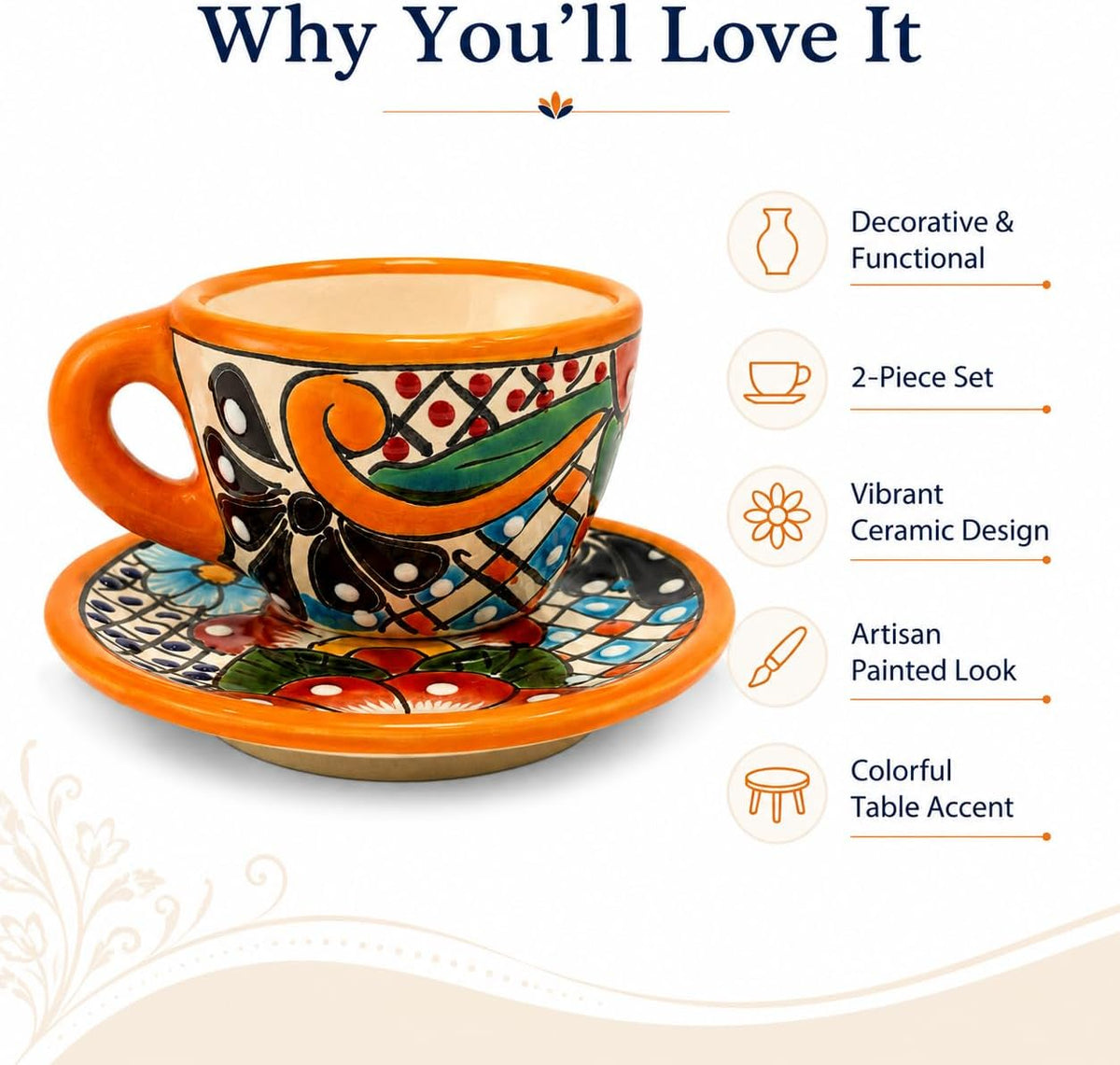 Colorful Talavera Espresso Set — detail of the hand-painted pattern