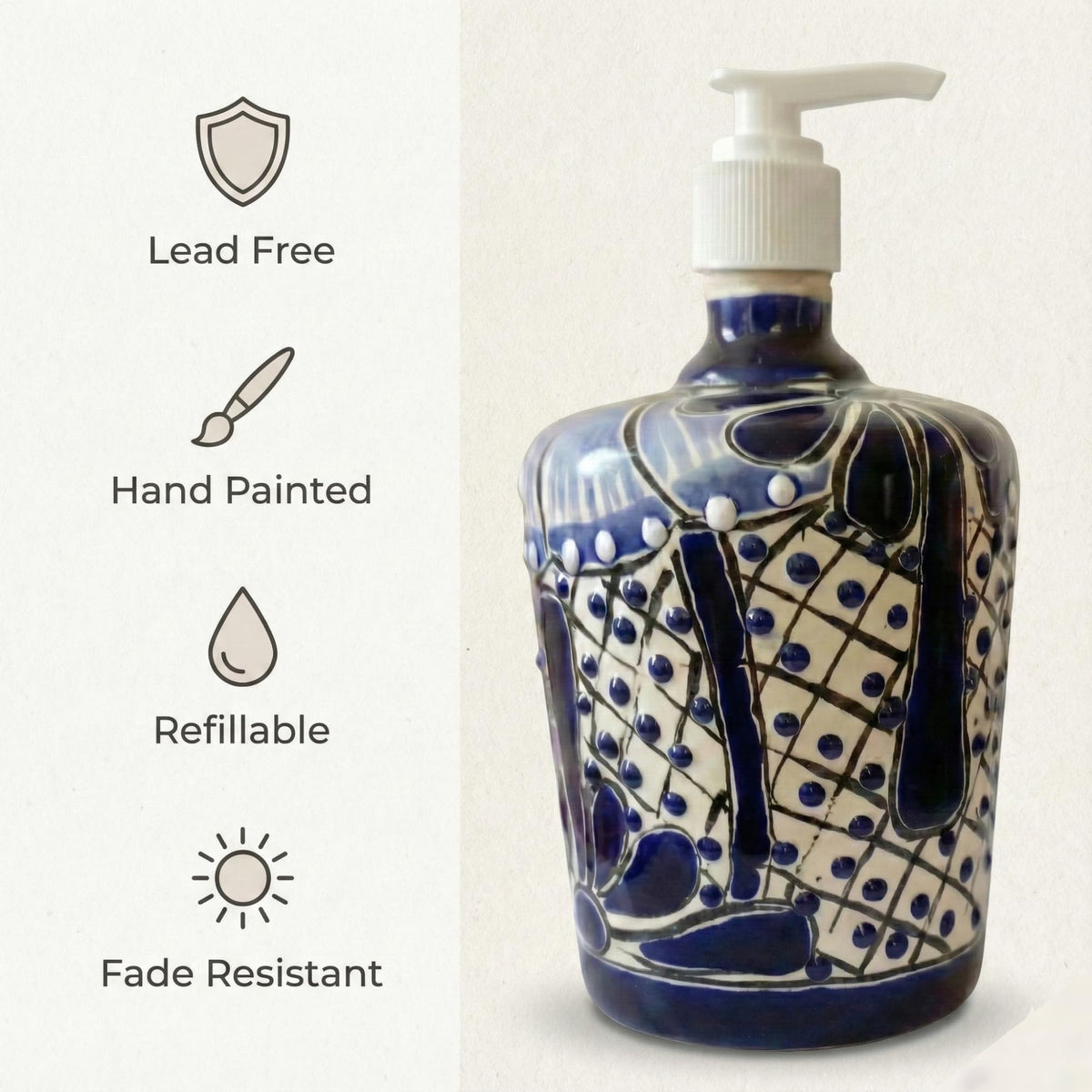 Soap dispenser features: lead-free, hand-painted, refillable, fade-resistant