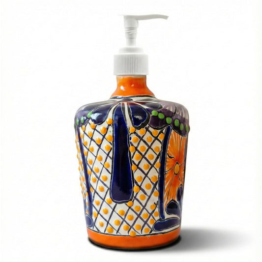 Multicolor Talavera-style barrel soap dispenser, front view