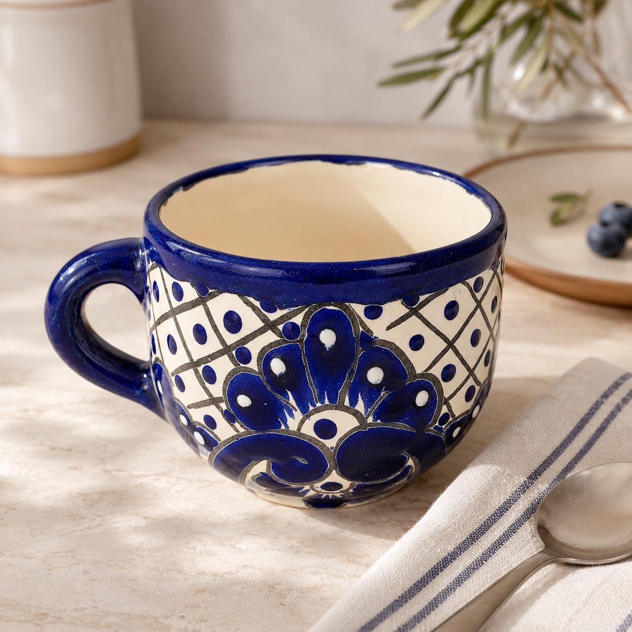 Blue & White Mexican Coffee Mug — angled view