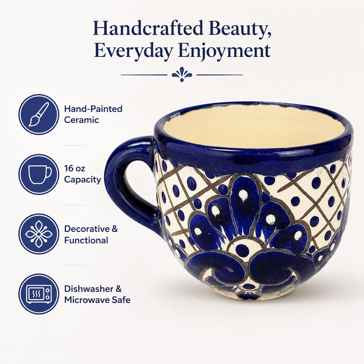 Blue & White Mexican Coffee Mug — close-up