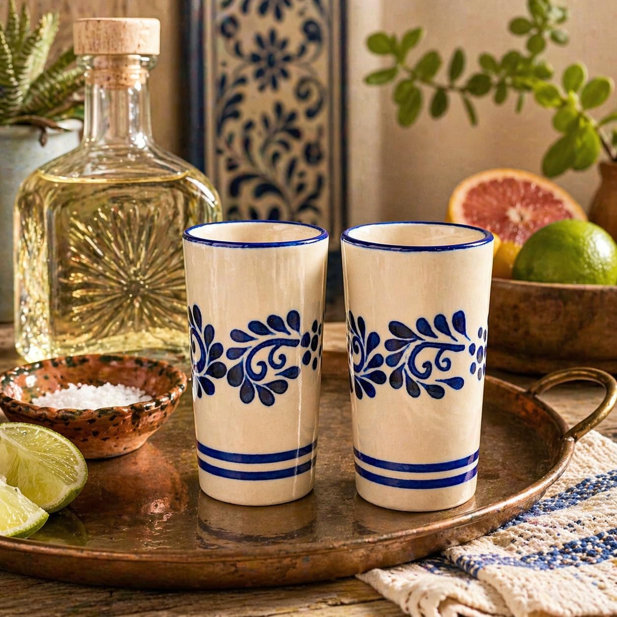 Mexican Shot Glasses, Hand, painted in Mexico — scale reference
