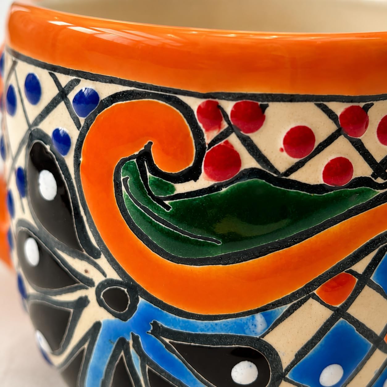Colorful Wide Mexican Coffee Mug — detail of the hand-painted pattern