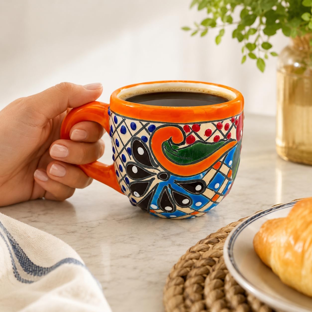 Colorful Wide Mexican Coffee Mug — angled view