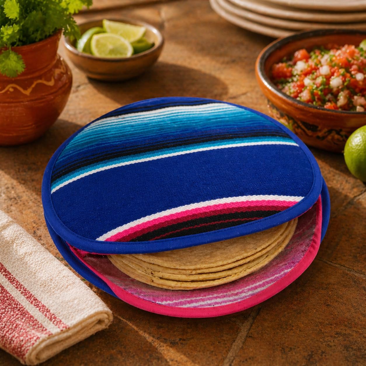 Mexican Cloth Tortilla Warmer, blue sarape — front view