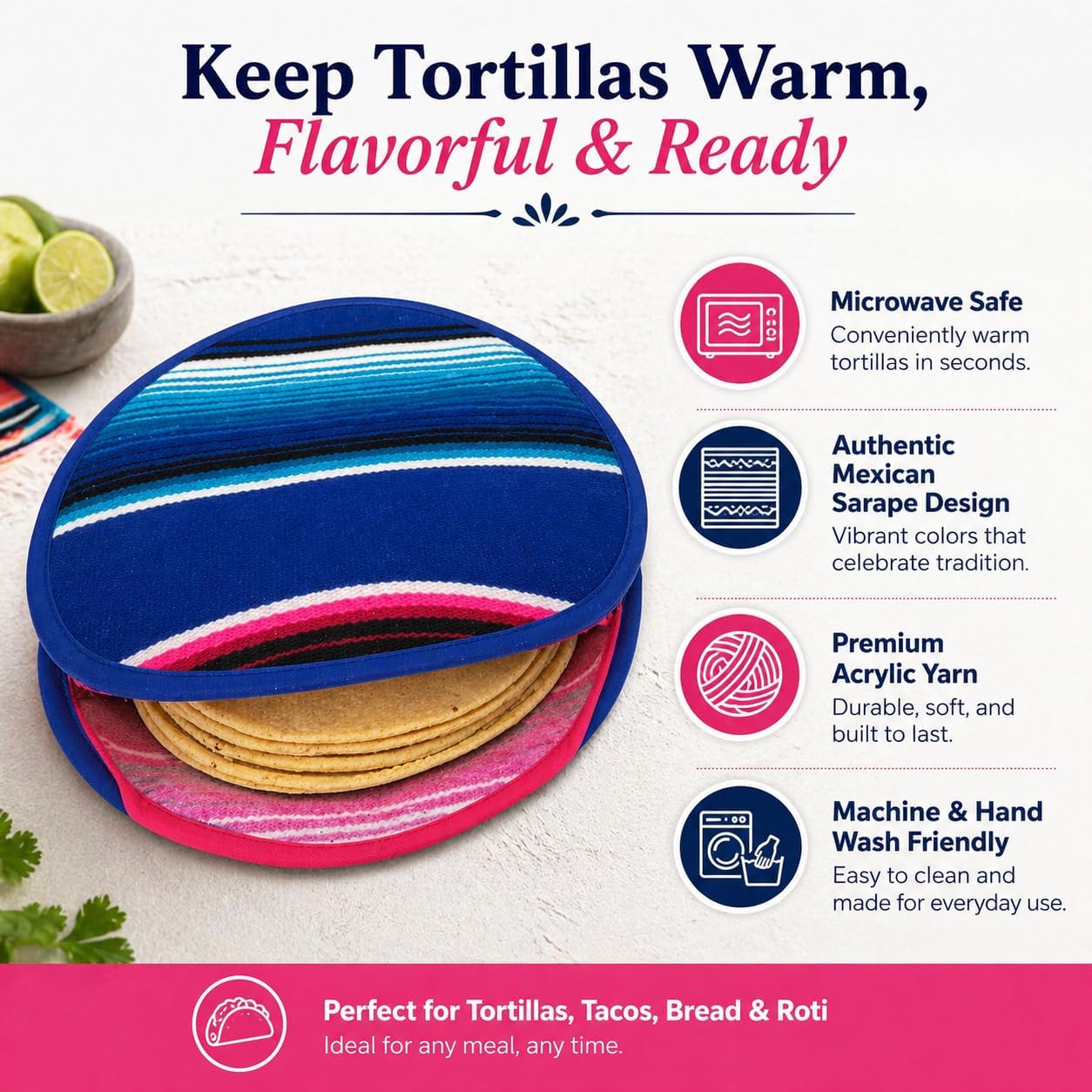 Mexican Cloth Tortilla Warmer, blue sarape — shown with tortillas