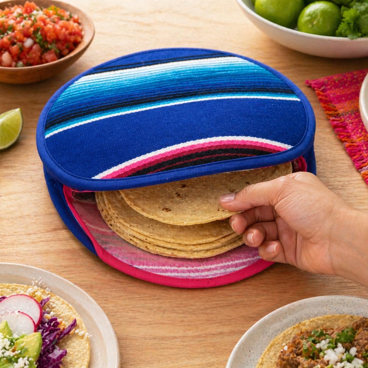 Mexican Cloth Tortilla Warmer, blue sarape — detail of the woven sarape stripes