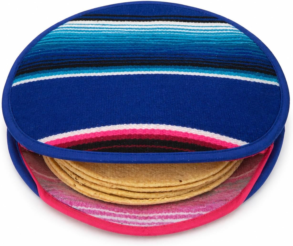 Mexican Cloth Tortilla Warmer, blue sarape — open view