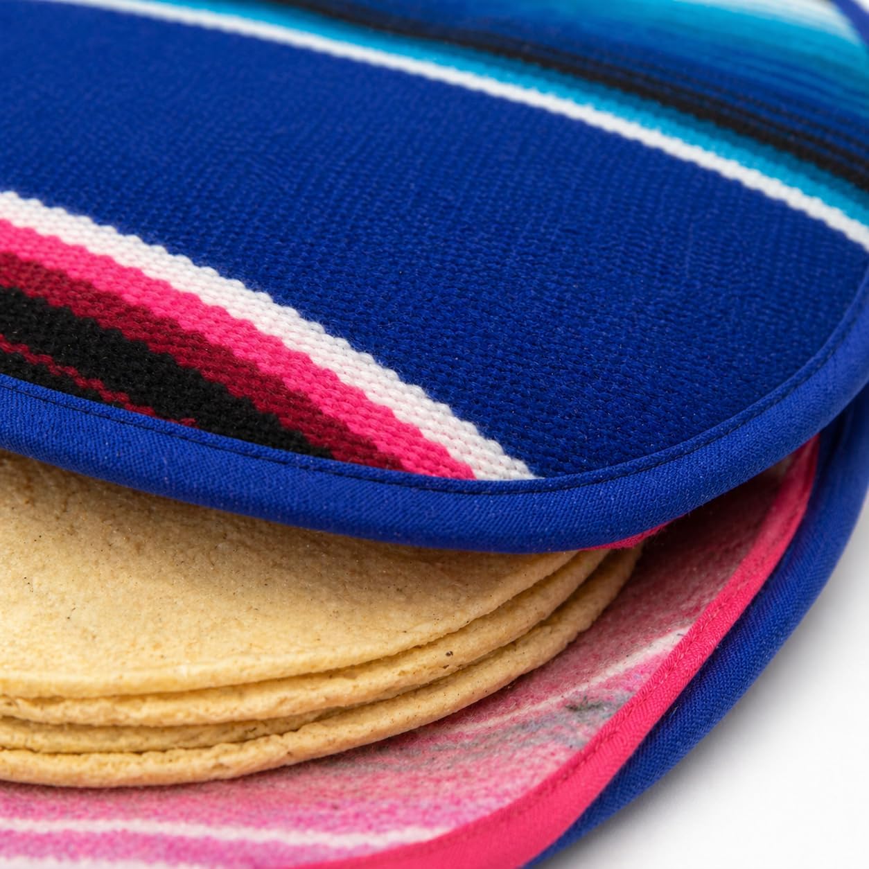 Mexican Cloth Tortilla Warmer, blue sarape — in use on the table