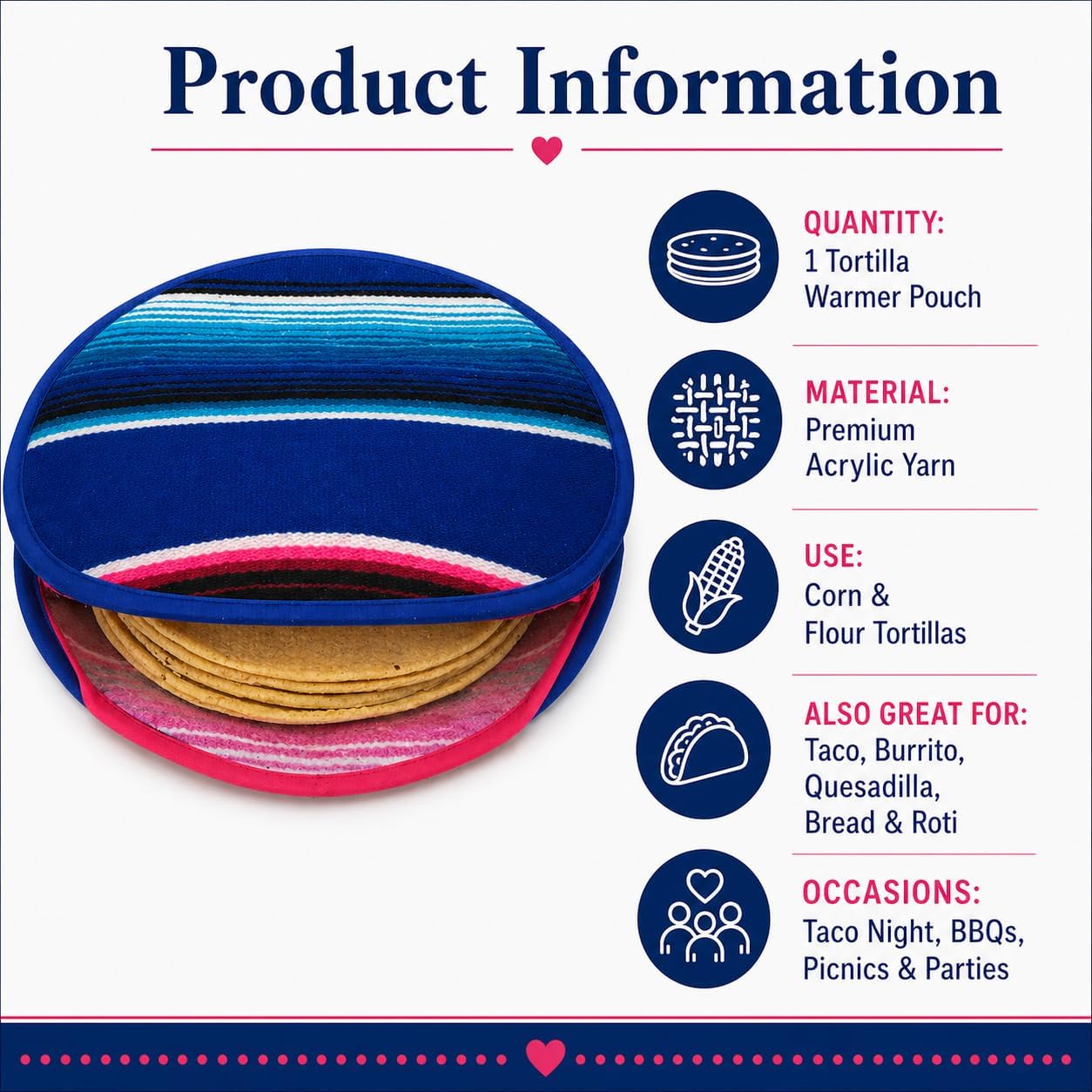 Mexican Cloth Tortilla Warmer, blue sarape — alternate angle